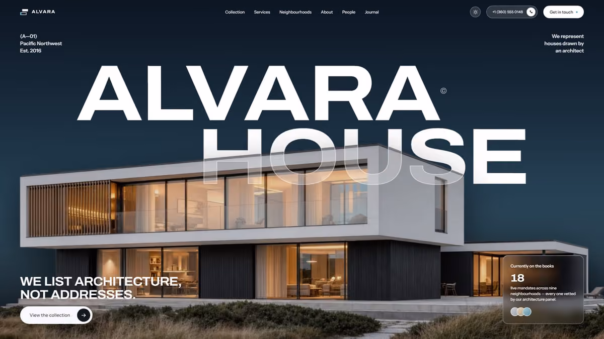 Alvara House homepage, the agency wordmark set over a coastal house at dusk
