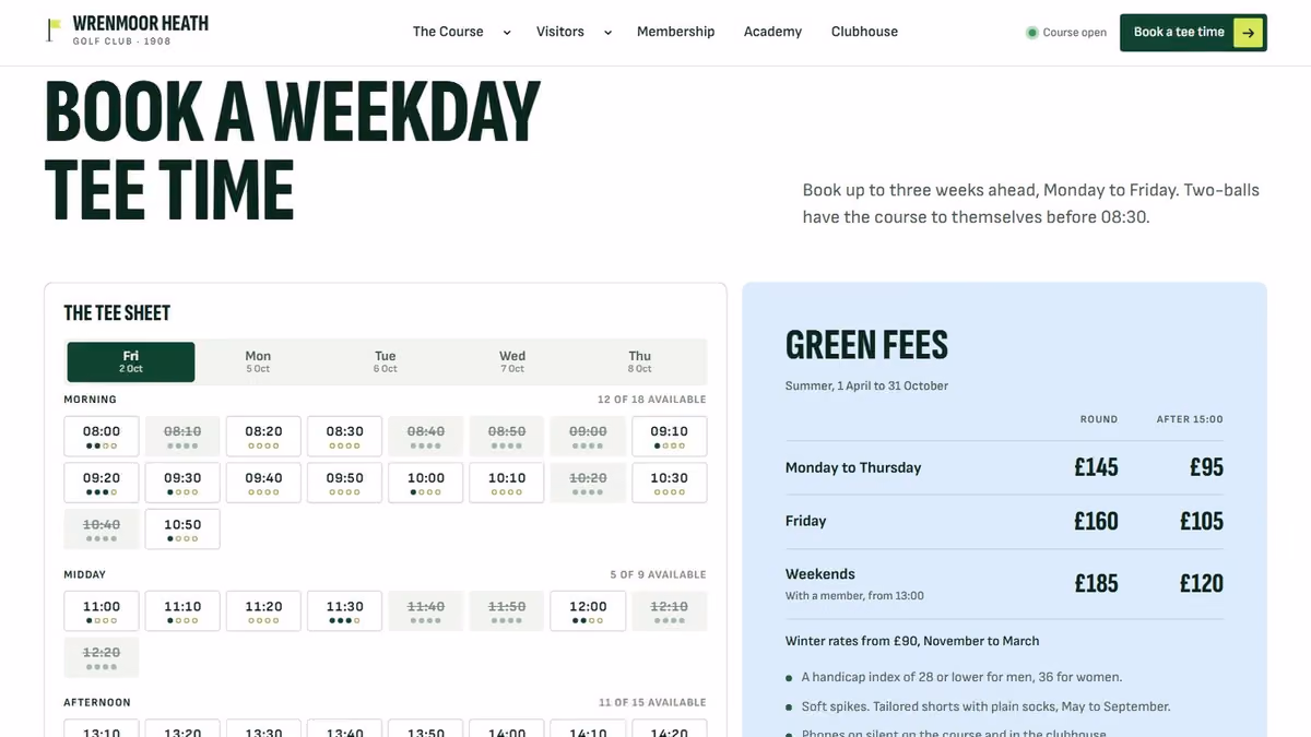 Tee sheet and green fees