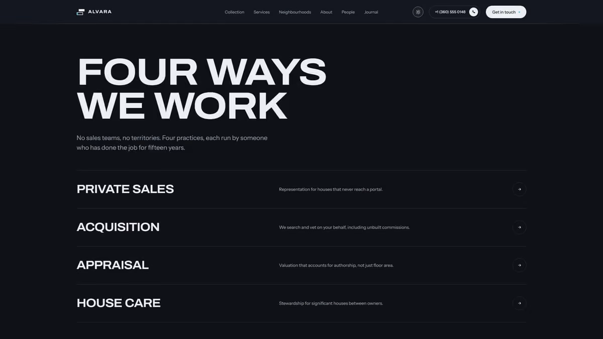 Services page setting out the four practices the agency runs